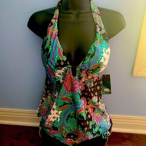 ABS Allen Schwartz Retro 70’s Tankini Bikini 8 NWT $146 crystals on bottom 2 pc